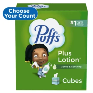 Puffs Plus Lotion Facial Tissue, 4 Mega Cube Boxes, White. 72 Tissues per Box